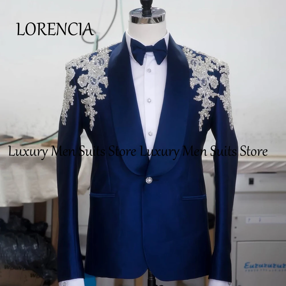 

Elegant Glitter Applique Men Suits 2 Pieces Shawl Collar Tuxedos Wedding Party Outfits Customized Blazer Pants costumes homme