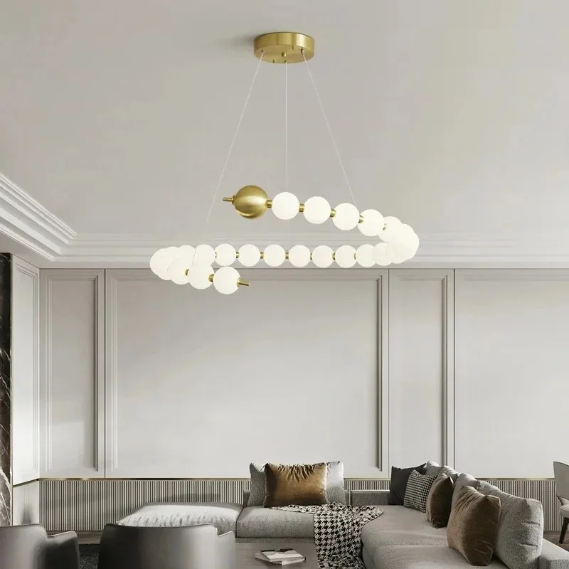 Modern Spiral Beaded Chandelier Gold Metal Pendant Light LED Hanging Lamp For Dining Room Living Room Bedroom Hotel Decor