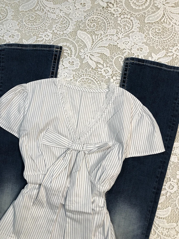 Original Sweet Sle Abnehmen Weiß Gestreifte Taille-Cinching V-ne ort Sve irt für Frauen Faionable Herbst Baumwollmischung