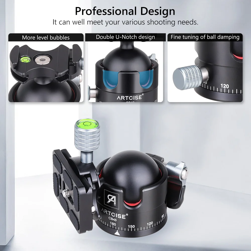 ARTCISE CB45 Low Profile Double U-Notch Ballhead 360ยฐPanoramic Professinal CNC Alloy Metal for Shooting, DSLR, Tripod Monopod
