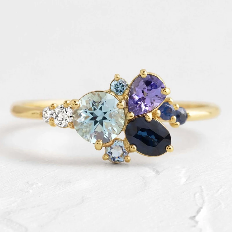 Huitan Multi Colored CZ Set Rings for Women Wedding Anniversary Party Luxury Elegant Lady Accessories Gold Color Fashion Jewelry