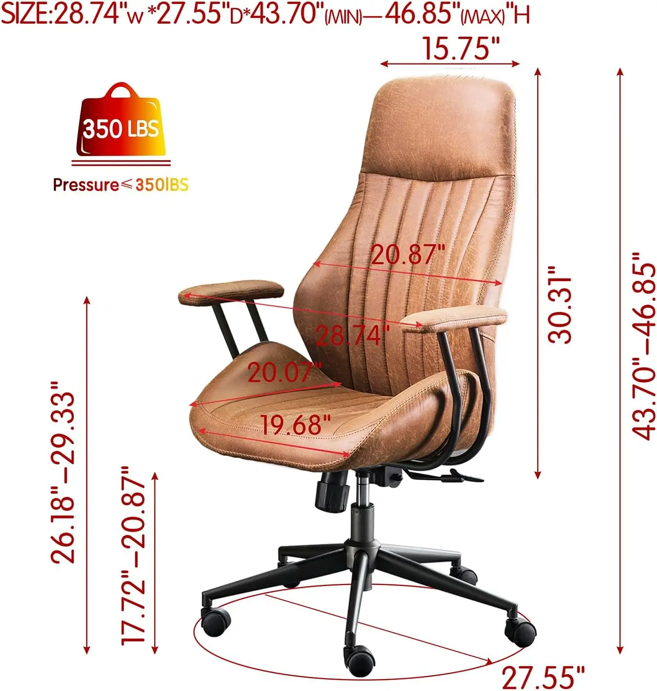 Ergonomic Home Office Chair, Mid-Century Modern Leather Chair with Lumbar Support, High Back Swivel Rolling Executive Chai