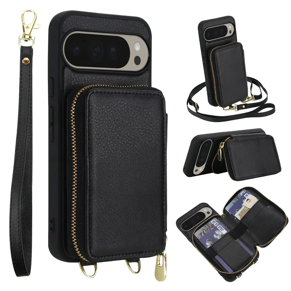 

Solid Color Leather Back Wallet Card Case Phone Cover for Google Pixel 8 9 Pro XL/Pixel 9a 8a with Wrist Strap