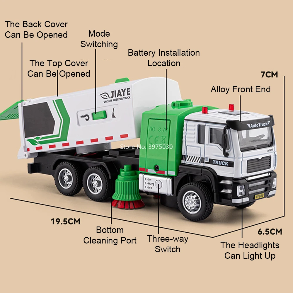 1:50 스케일 진공 청소기 장난감 자동차 미니어처 모델 합금 다이캐스트 라이트 음악 엔지니어링 차량 어린이 어린이날 선물