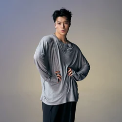 Men'S Latin Dance Tops Male Long Sleeved V-Neck Mesh Training Shirt Adult Tango Samba Chacha Ballroom Dance Practice Wear 11243