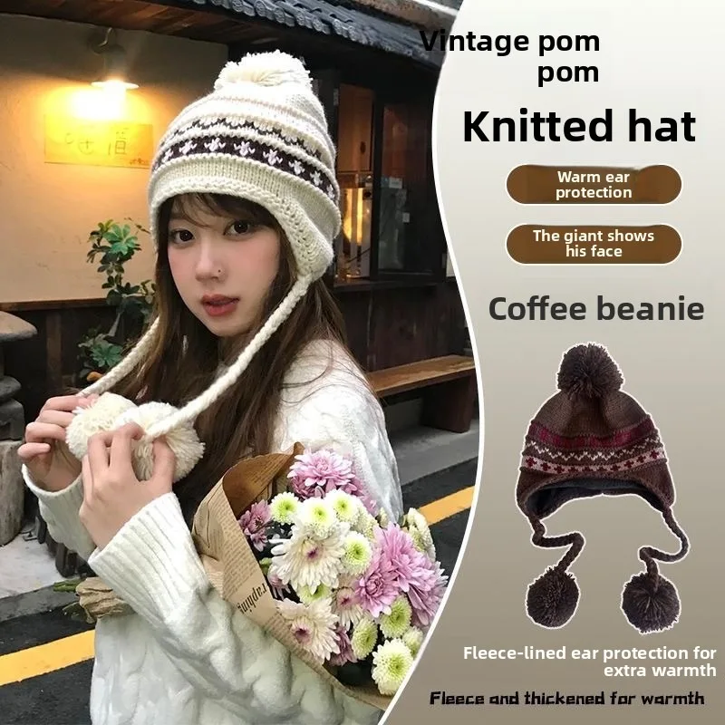 Retro Knitted Wool Hat for Children with Pom Pom and Thickened Ear Flap for Winter Warm Korean Style Cold Proof Beanie