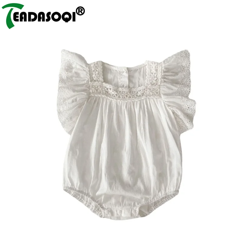 

0-2Y Summer Kids Baby Girls Jumpsuit Cute Lace Trimmed Fly Sleeve With Square Neck Soft Cotton Infant Newborn Bodysuits