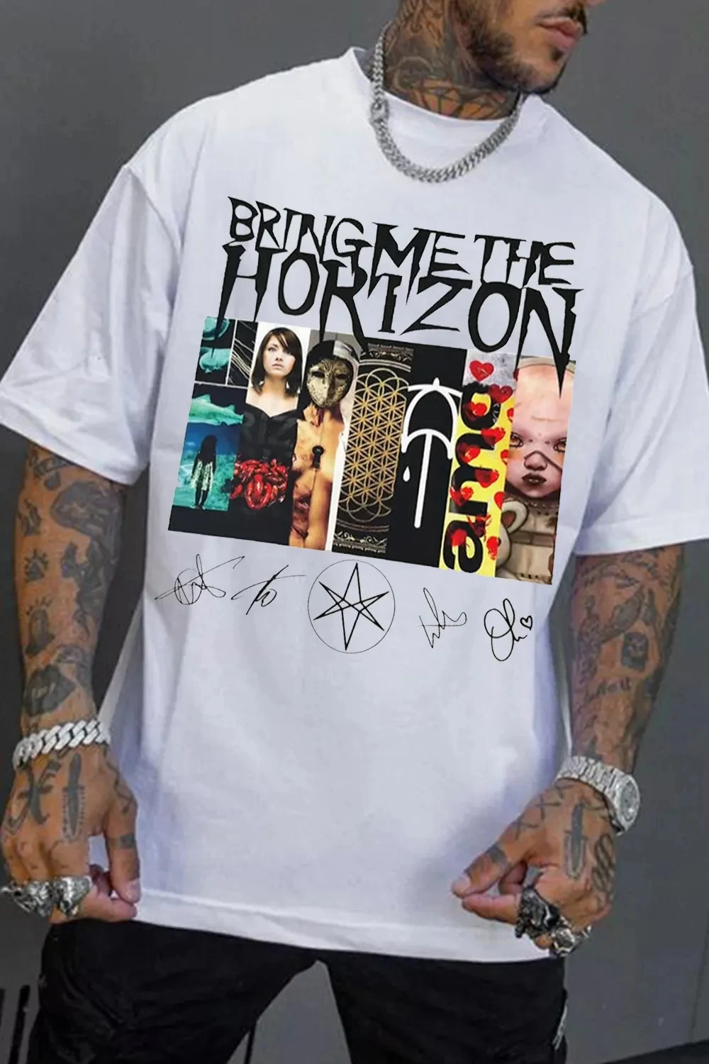 Camiseta Masculina Unissex Bring Me The Horizon BMTH com Estampa de Álbum, Gola Redonda, 100% Algodão, Manga Curta, Estilo Y2K, Oversized, Popular
