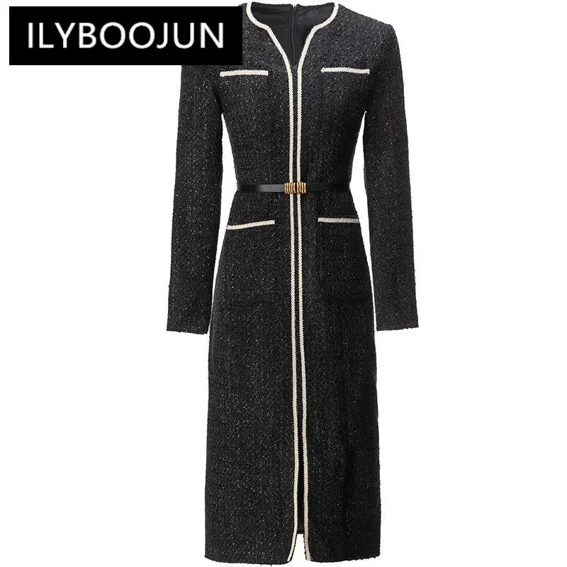 

ILYBOOJUN Runway Fashion Designer Autumn Outerwear Women's V-Neck Long Sleeves With Belt Front pocket Office Lady Duffle-Coat