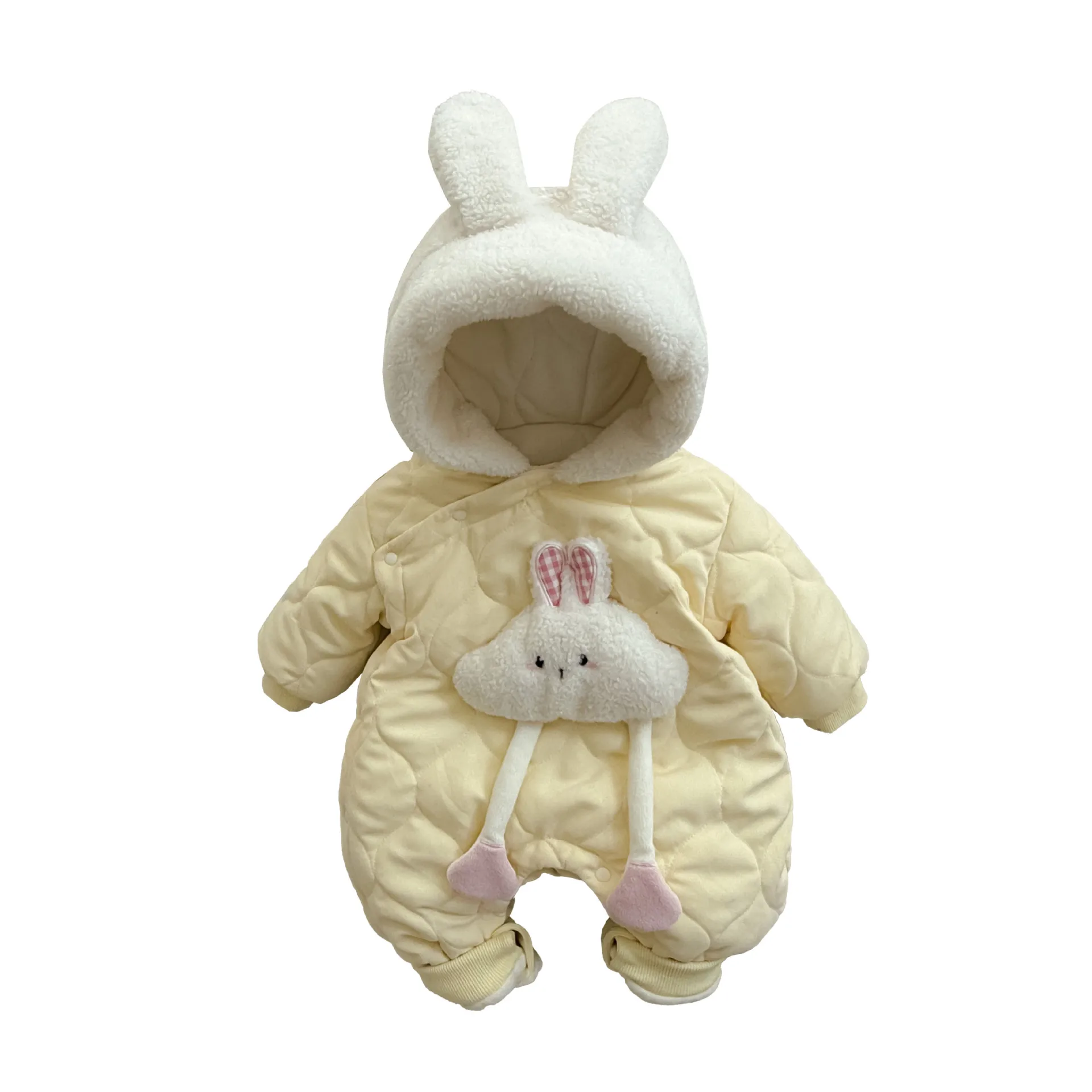 2024 Winter Baby Girl Jumpsuit Cotton Clips Cute Cloud Rabbit Thick Warm Infant Girls Rompers Toddler Girls Hooded Bodysuit