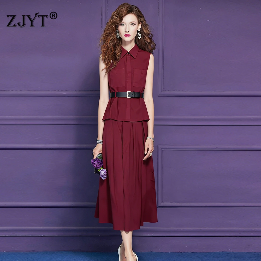 

ZJYT Summer Elegant Linen Dress Sets Two Piece Womens Outfit Sleeveless Top and Skirt Suit Set White Red Party Holiday Suits