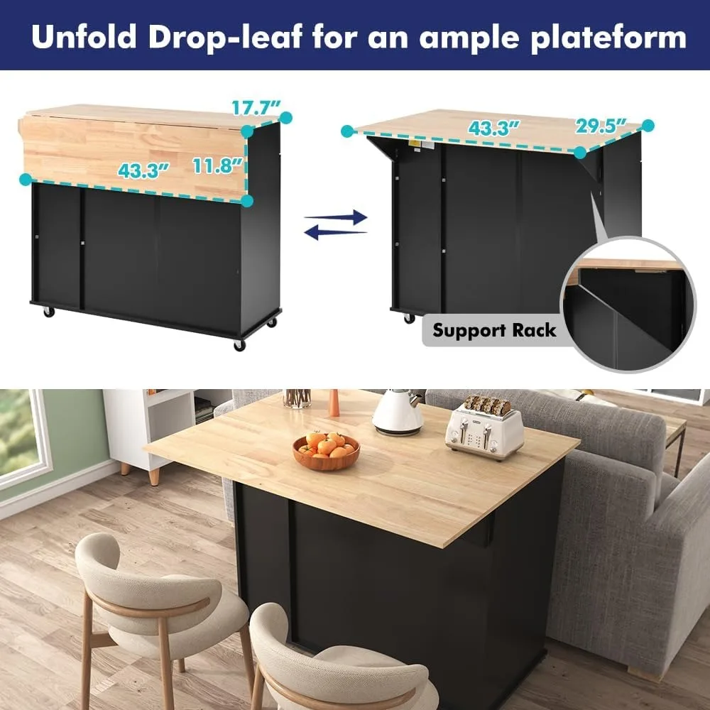 Kitchen Island, with Storage Cabinet and Drawers, Island Table for Kitchen with Towel and Spice Rack, Kitchen Cart