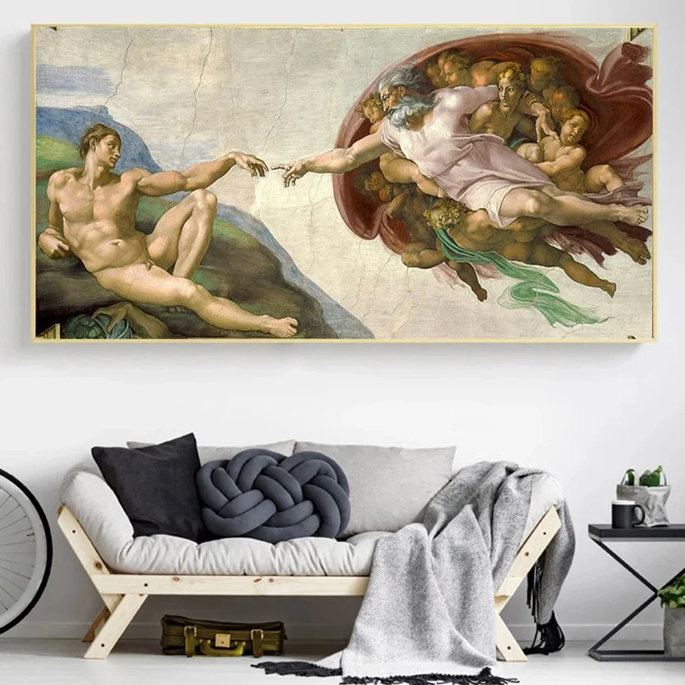 The Creation of Adam Renaissance Michelangelo Poster Print Home Decor Funny Hands touching Canvas Painting Wall Art