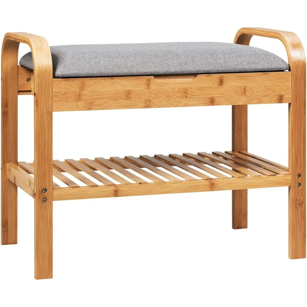 

Small entryway bench with storage, 2-tier bamboo shoe rack bench, flip top storage space, padded cushion, shoe organizer