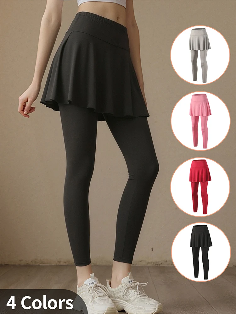Ladies' Summer Solid Color Fashionable Dress with Pants, Casual Sports Bottom Skirt, Pleated Skirt Running Leggings Casual Pants