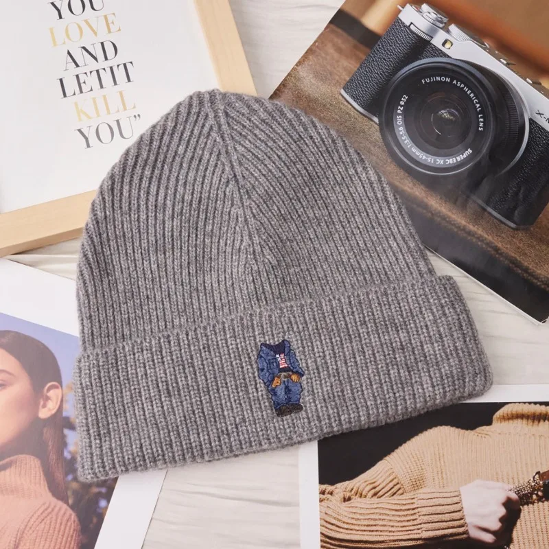 ​​Chic Single Roll Brim Beanie 2025 for Men Women Embroidered Bear Design Warm Acrylic Wool Blend Hat Unisex Gift Free Ship