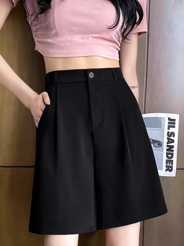 Black Suit Short Pants Women Summer Thin Loose Slim High Waist Casual Wide Leg Five Shorts Casual Pants High Waist Loose Fit