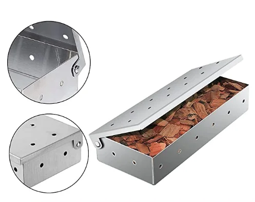 Stainless steel barbecue smoker box for burning on grills or charcoal fittings