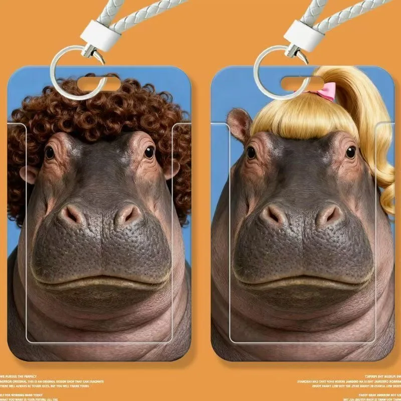Funny Animal Hippopotamus Bus Id Card Cover Cases Student Keyring Card Campus Access Door Credit Card Holder Bag Set Key Chain