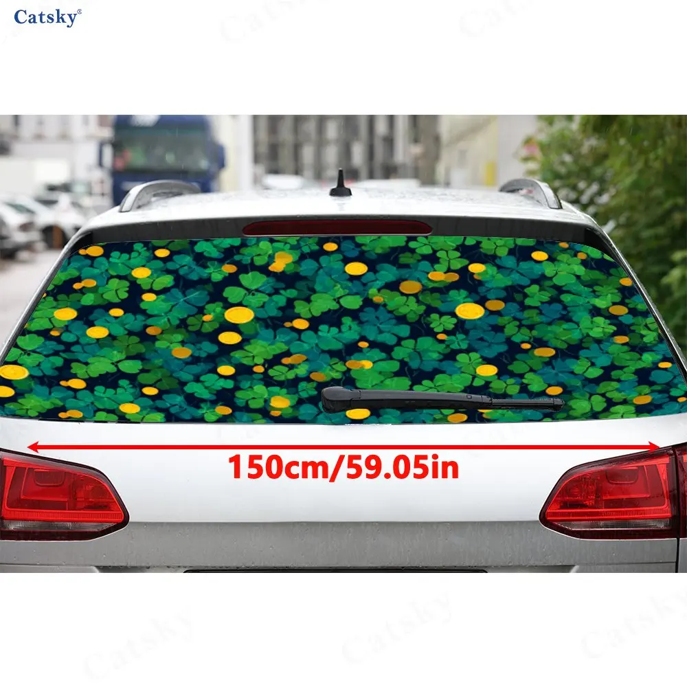 Lucky Clover & Gold Coin Print PVC Perforated Car Rear Window Vinyl Wraps, Durable Waterproof Car Rear Windshield Sticker