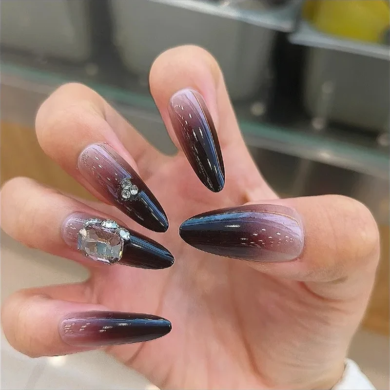 10Pcs Sweet Cool Style High-end Black Gradient Handmade Press on Nails Camellia Studded Diamonds Long Style Fashion Nail Patch