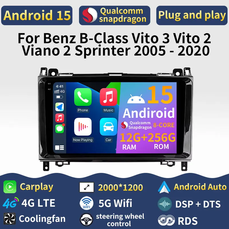 Android 15 Carplay para Benz Clase B Vito 3 Vito 2 Viano 2 Sprinter 2005 - 2020 Audio 5G WIFI reproductor unidad principal Radio de coche DSP Auto