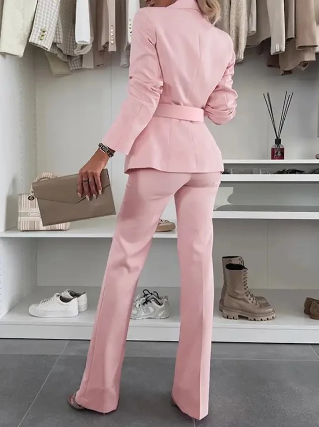 

2 Pieces Outfit Metal Ring Decor Notched Collar Overlap V-Neck Cinched Waist Wrap Front Top & Flared Pants Set Casual Set