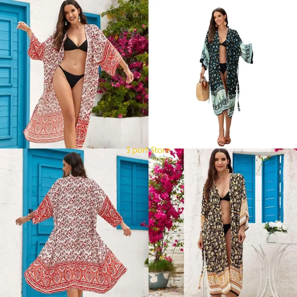 U2JB Women Beach Swimsuit Cover Up Long Sleeve Open Front Flower Bohemian Summer Loose Kimono Cardigans with Belt Beach Dress