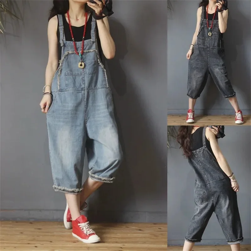 

Retro Suspender Jeans Women Sleeveless Jeans Jumpsuit New Summer Streetwear Denim Overalls Baggy Solid Harlan Denim Shorts