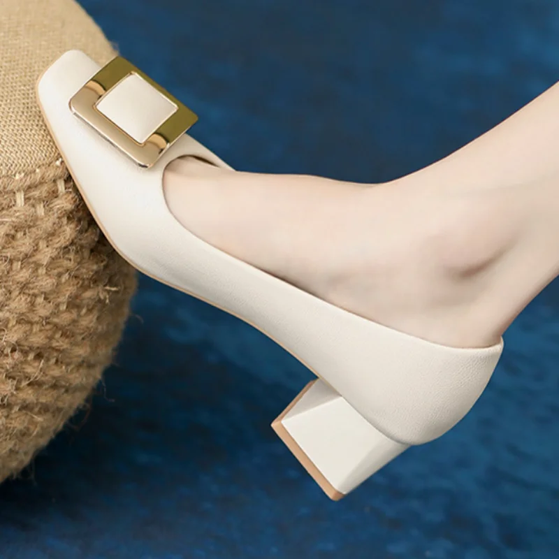Lady Gorgeous Designs Pumps In Beige White Shiny Patent Leather Slip-On Square Toe Wide Fits OL Shoes 33-43 21CM 5CM Comfortable
