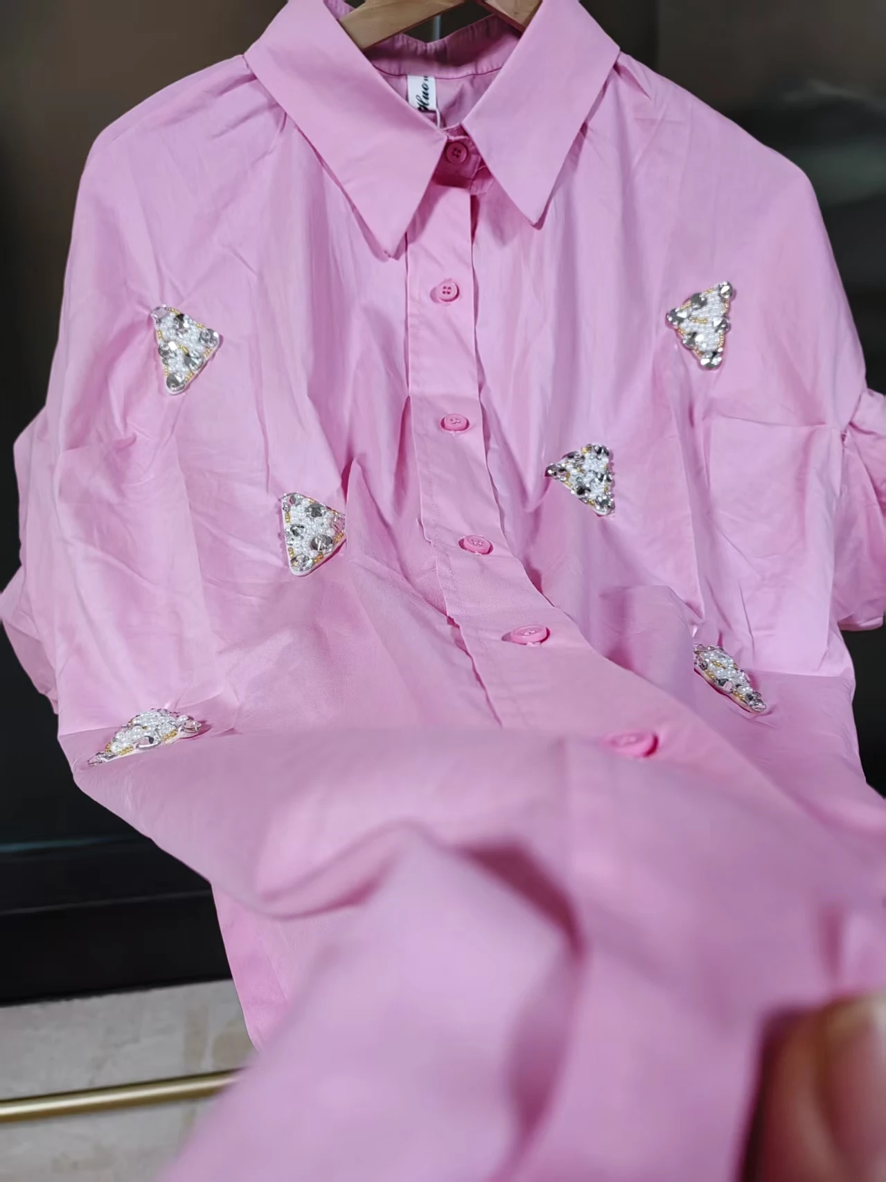 

Embroidered Flares Mid-length Oversize Cotton Short Sleeve Shirts Blouses For Women 2025 Summer Single Breasted Sweet Chic Tops