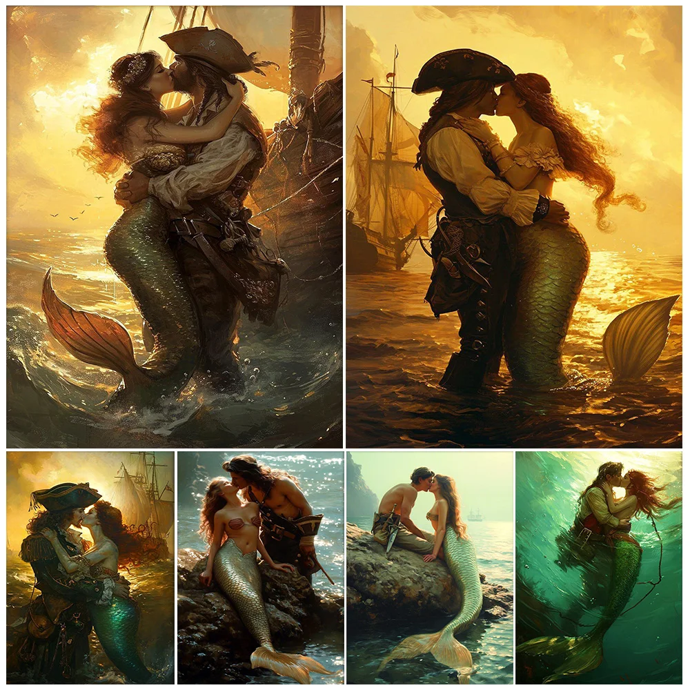 Pirate And Mermaid Romance Love Vintage Wall Art Canvas Painting Siren Folk Magical Fantasy Art Poster Print Home Decor Unframed