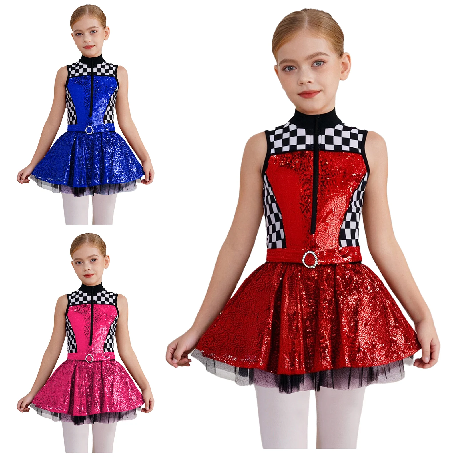 أطفال بنات سباق السيارات سائق زي لامعة الترتر أكمام منقوشة فستان شبكي هالوين كرنفال حفلة المتسابق تأثيري فستان