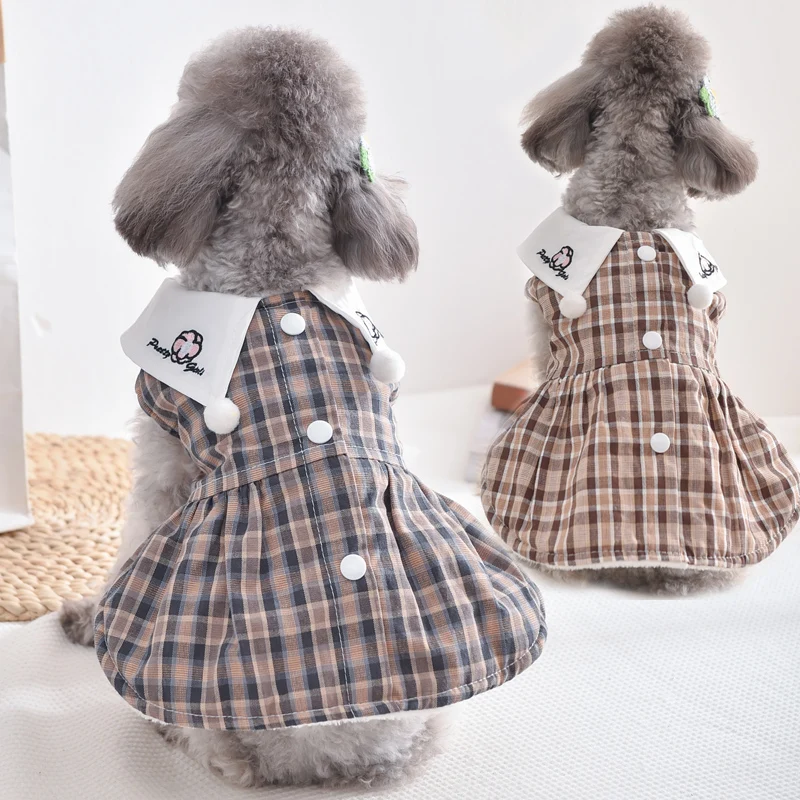 Plaid Skirt Dresses Blouse For Dogs With Fur Lining Autumn Winter Pet Chihuahua York Little Small Animal Clothing XS XXL Cat Pug