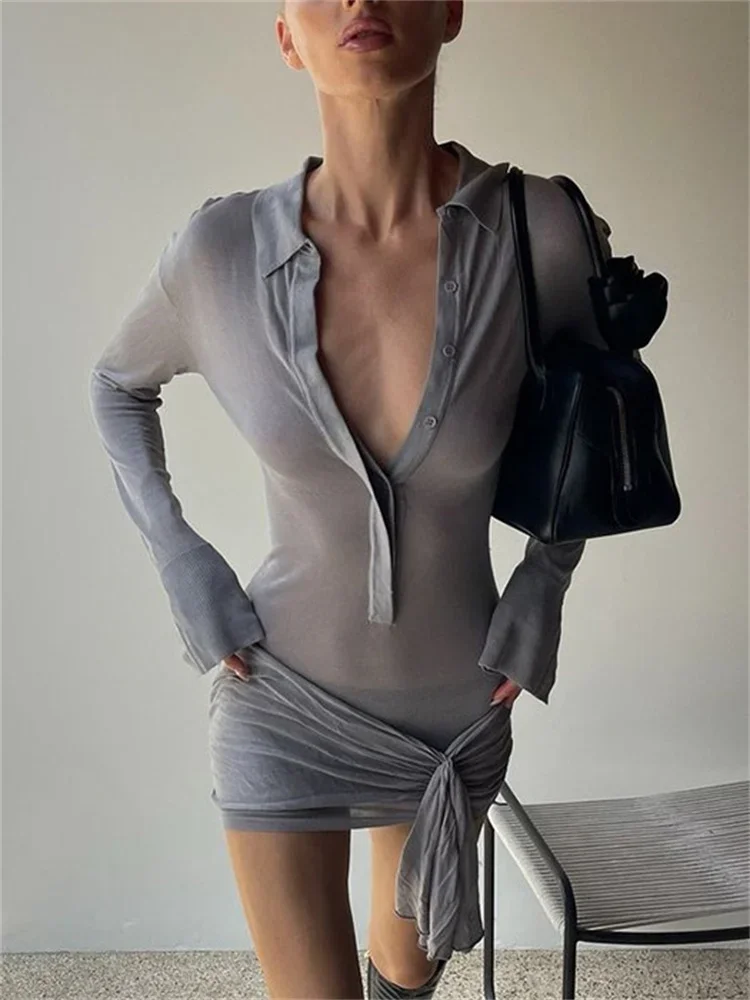 

Fashion Sexy See-Through MIni Dress For Women Lapel Pleated See-Through Bandage High Waist Dress Female Solid Mini Dress