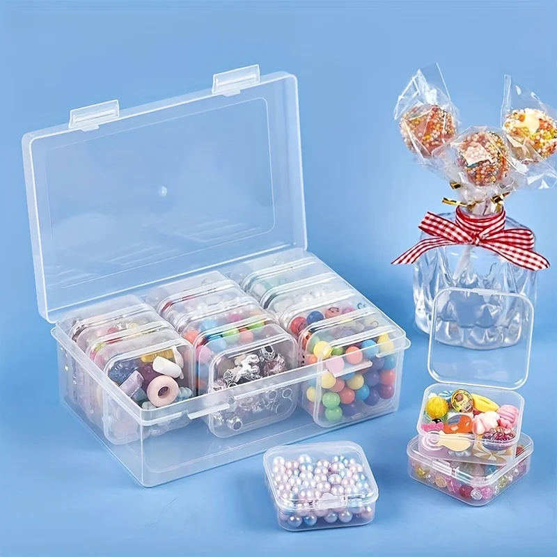 12pcs+1pc Mini Clear Plastic Beads Storage Box, Small Empty Organizer Box With Hinged Lid For Storage Of Small Items, Jewelry