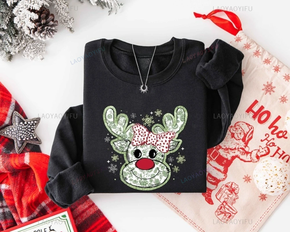Reindeer Christmas Shirt Cute Coquette Christmas Sweatshirt Xmas Bowknot Sweatshirt Funny Pattern Hoodie Women's Pullover