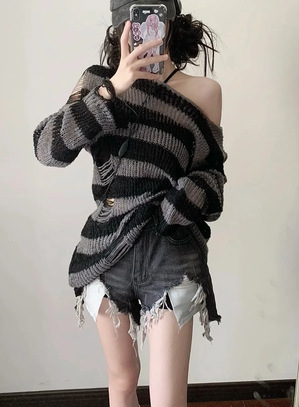 Grey Striped Gothic New Sweaters Women Ripped Holes Loose Knitted Pullover Frayed Fairy Grunge Jumpers Emo Streetwear Lolita