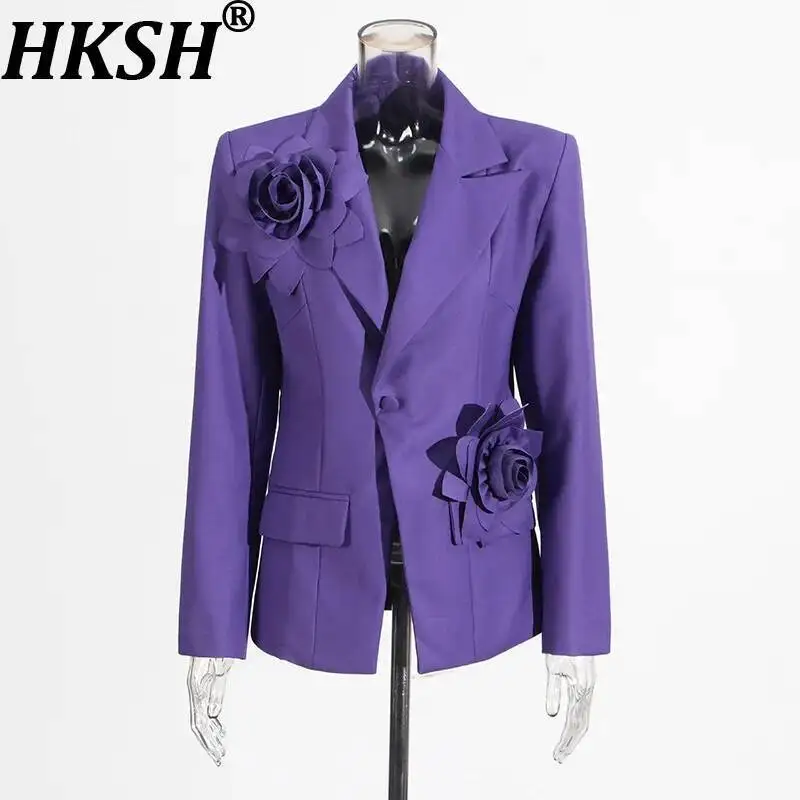 

HKSH Autumn New Women Chic Blazer Three-Dimensional Flower Decoration Single Button Solid Color Elegant High Street Coat HK11484