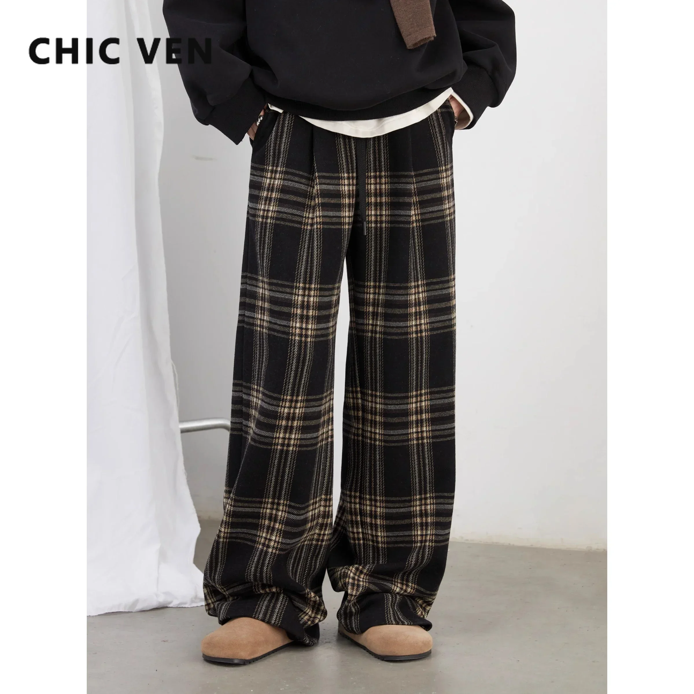 CHIC VEN Vrouwen Broek Losse Nieuwe Geschuurd Hoge Taille Trekkoord Plaid Casual Vrouwelijke Broek Rechte Pijpen Broek Herfst Winter 2024