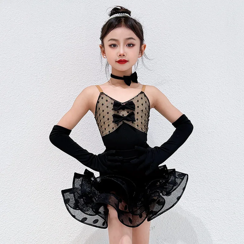 

2026 Latin Dance Stage Clothes Girl Black Dance Performance Dress Polka Dot Sleeveless Dance Suit Rumba Cha Cha Clothing VDL5289