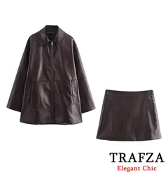 TRAFZA-Women Stylish PU Leather Skirt Jacket Set Zipper Jacket Mini Skirt 2 Pieces Set New 2024 Autumn Winter Female Leather Set