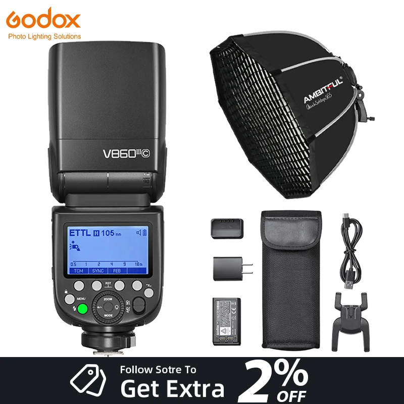 

Фотовспышка Godox V860III с креплением AMBITFUL 65 см, софтбоксом и сеткой, комплект V860 III, E-TTL, HSS, для камер C/S/N/F/O/P