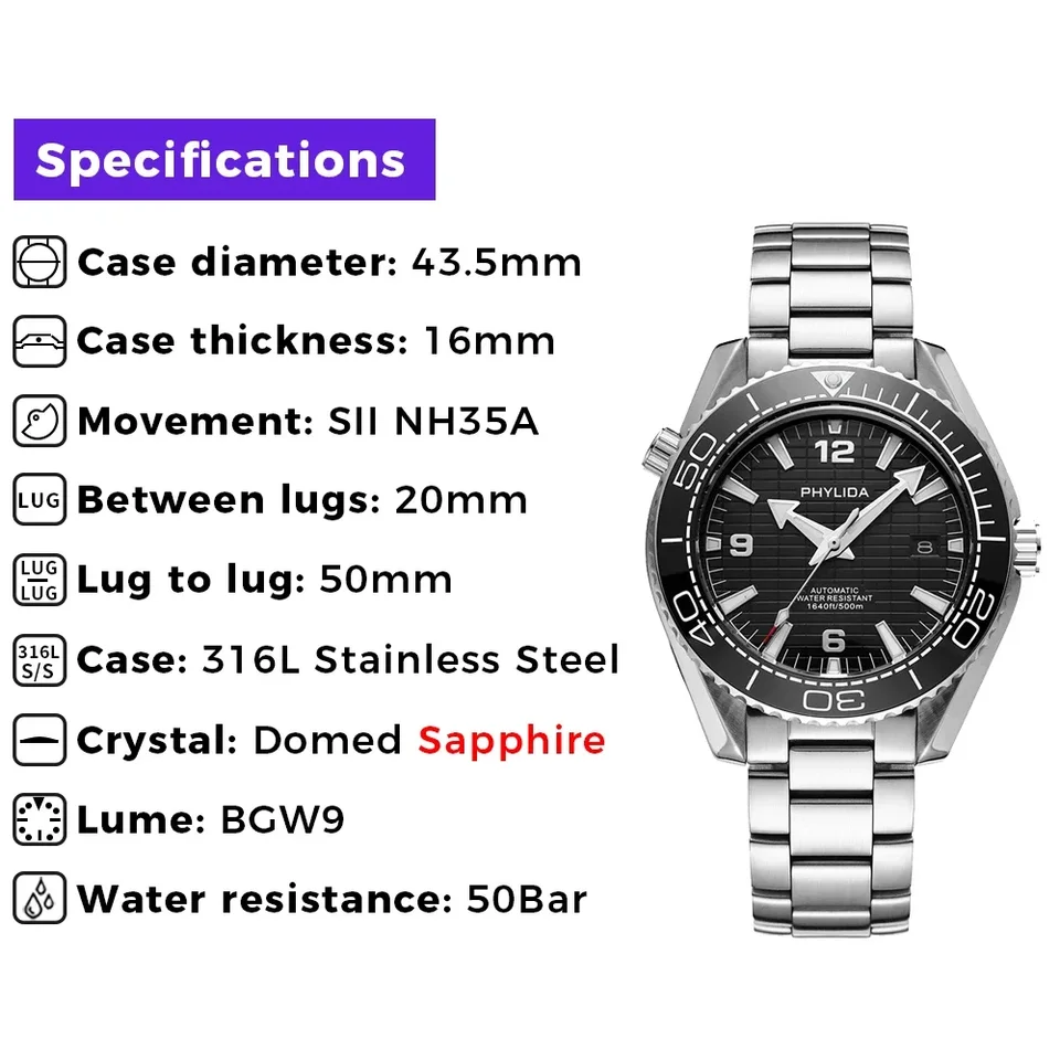 PHYLIDA 500m Men's 43.5mm Automatic Diver Watch Black Dial