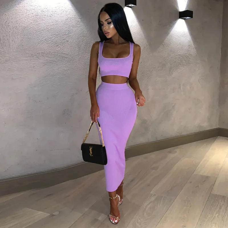 Sexy Hip Wrap Long Dress Set 2023 New High Waist Open Umbilical Rib Knitted High Waist Ultra Short Tank Top 2-piece Set