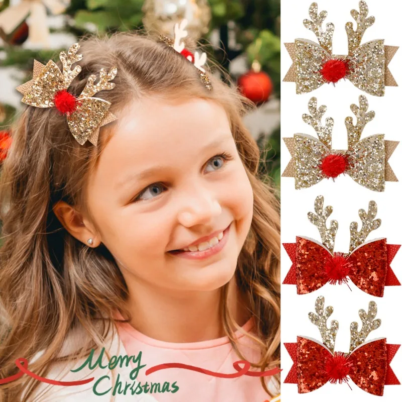 New Christmas Hair Clips for Women kids Cute Antlers Hairpins Glitter Gold Red Bow Hair Clip Girl Hair Accessories Headwear Gift