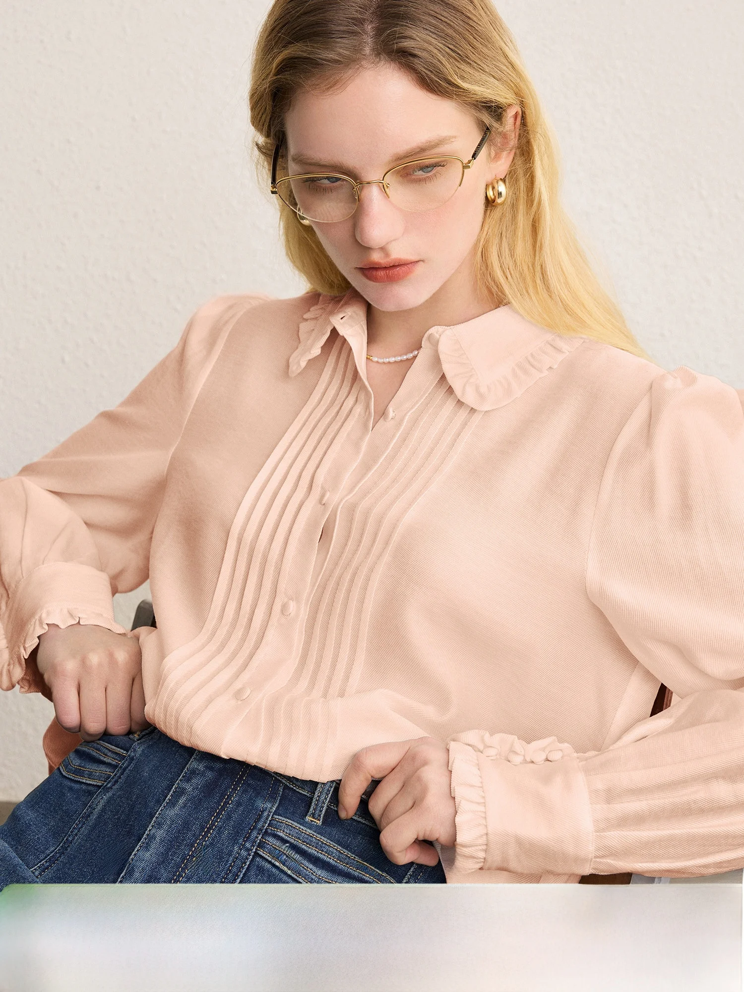 

Ele Women's irt with Pleated Stand Collar Lantern Sve Long Sve Simple Commute Sle by NAGUAGU Pumpkin Valley