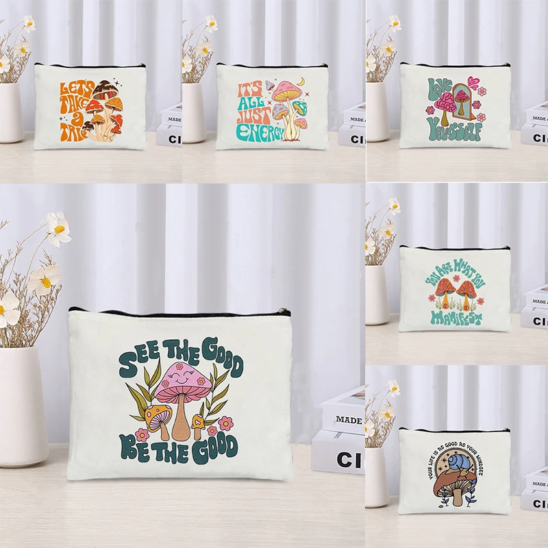 

New Fashion Rainbow Mushroom Printed Canvas Bag for Casual Shopping Folding Multi Purpose Storage Bag, Student Stationery Gift