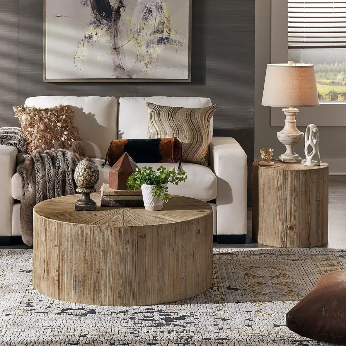 

！@Zen Art American Retro Round Wood Side Table for Living Room Coffee Tables with Retro Sofa Pier and Tea Table
