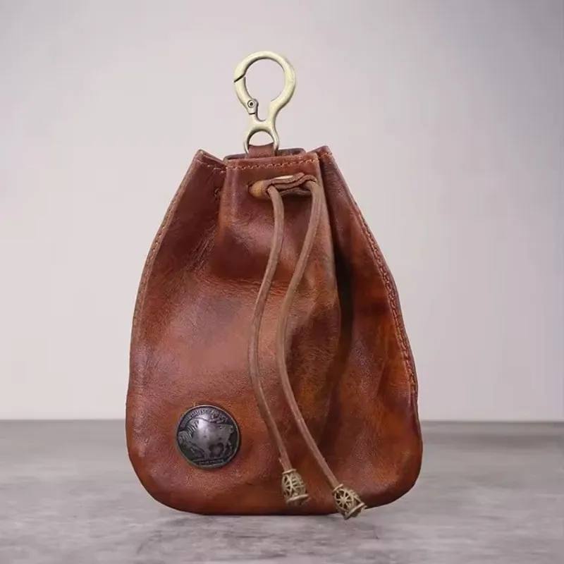 Retro 100% Genuine Leather Small Hanging Bag, Knot Key Wallet, Card and Coin Storage Bag, Small Bag of Accessories and Cosmetics